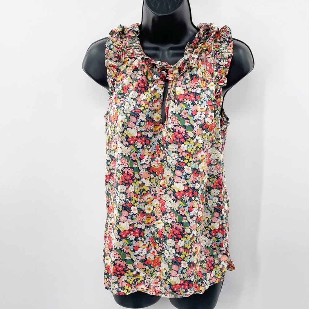 J. Crew Womens Floral Sleeveless Shirt Blouse Ruffled V Neck Blouse  Size 0